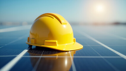 Yellow safety helmet on solar cell panel concept as A yellow safety helmet placed on solar cell panels emphasizing safety and renewable energy. in  Photo Stock  Concept  and empty space on the left si