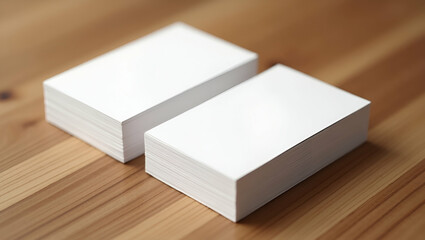 Blank white Business card presentation of Corporate identity on wood background showcasing professional branding and networking tool. concept as A blank white business card presented on a wood backgro