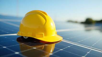 Bright yellow safety helmet placed on solar cell panel symbolizing safety measures in renewable energy projects concept as Yellow safety helmet on solar cell panel representing safety protocols in ren