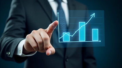Hand Pointing at Holographic Pricing Strategy Chart: Cost Revenue Analysis for Strategic Business Planning