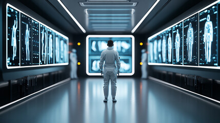 futuristic hospital corridor features glowing holographic patient data displays, with person in white uniform standing in center, surrounded by advanced medical technology