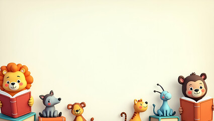 Cute International Childrens Book Day border with toy animals and storybooks offering space for messages concept as Cute book day frame featuring toy animals and storybooks providing space for message