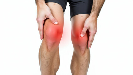 Flat Young sport man with strong athletic legs holding knee in pain after ligament injury isolated on white background for medical illustration concept as A young athletic man holding his knee in pain
