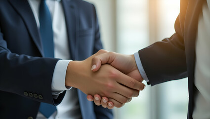 Business Handshake: Happy Female Recruit Meets Male HR Bank Manager in Corporate Partnership Deal