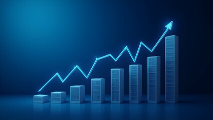 Widescreen abstract financial graph with uptrend line and bar chart of stock market on blue background symbolizing financial growth and market trends. concept as Widescreen abstract financial graph wi
