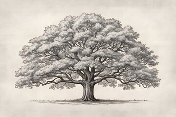 Big tree drawing black and white sketch Illustration of a large, detailed tree with expansive branches.