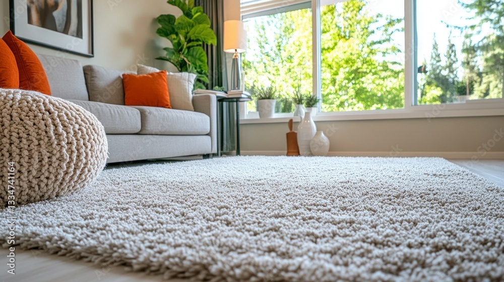 Poster a spacious living area boasts a soft, thick rug and a comfortable couch adorned with vibrant throw p