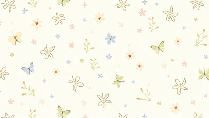 Naklejka premium Soft pastel spring seamless pattern with butterflies and floral elements for serene environments concept as Delicate butterflies and pastel floral elements arranged in a seamless pattern perfect for s