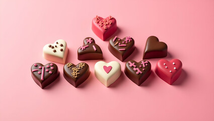 Assorted heart shaped chocolates on pink background perfect for Valentines Day celebrations romantic themes. concept as Assorted heart shaped chocolates elegantly arranged on a pink background perfect
