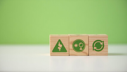 Flat Wooden Blocks with Green Net Zero Icons: Visualizing Climate Neutrality and Carbon Emissions Reduction for Sustainable Business Strategies in Eco-Friendly Planning