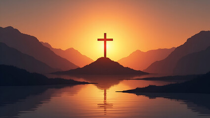 Cross Silhouette on Mountain at Sunset: A Serene Landscape Reflecting Faith, Spirituality, and Nature's Tranquility - Perfect for Photo Stock with Empty Space