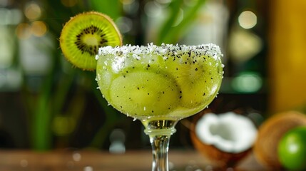 Exotic kiwi margarita cocktail with sugared rim and black sesame seeds, garnished with a fresh kiwi slice, served in a stemmed glass against a blurred tropical fruit background