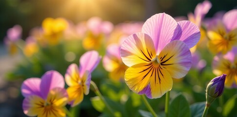 Close-up of delicate pansies in a sunny garden setting, close-up, vibrant, spring