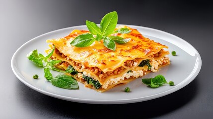 A delicious plate of lasagna garnished with fresh basil leaves on a simple white dish against a dark background.