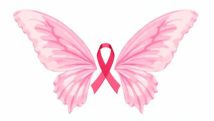 Flat Pink butterfly wings with ribbon clipart breast cancer awareness symbol watercolor illustration sharp details isolated on white background concept as Elegant watercolor illustration of pink butte
