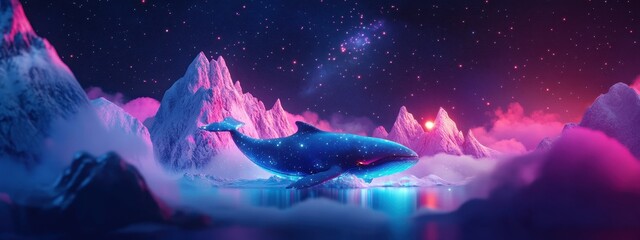 Fototapeta premium Majestic Whale Swimming Through Cosmic Night Sky over Mountains