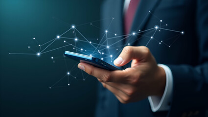 Flat Businessman hand using mobile phone dots online communication network copy space concept as Businessman uses mobile phone with digital dots highlighting online communication and networking in  Si