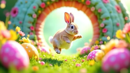 Bunny Leaping through Easter Egg Tunnel. Easter concept