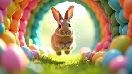 Bunny Leaping through Easter Egg Tunnel. Easter concept