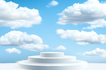Blank white tiered platform against a blue sky with fluffy clouds.  A clean, minimalist design for product display