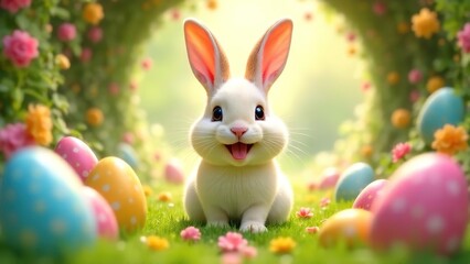 Bunny smiling through Easter Egg Tunnel. Easter concept