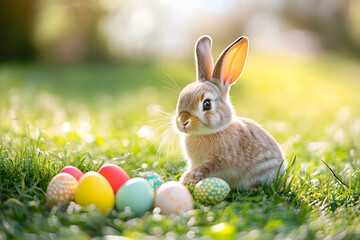 Süßes Osterhase mit bunten Eiern im Gras  
