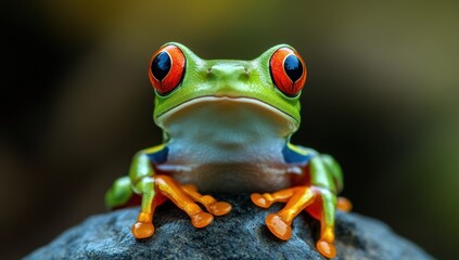 Fototapeta premium Vibrant tree frog with bright orange eyes and toes perched on a rock in natural habitat rainforest wildlife