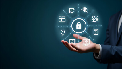 Flat Hand Holding Holographic Zero Trust Security Model: A Cute Vector Illustration of Cybersecurity Principles and Network Access Icons in a Smart Business Concept