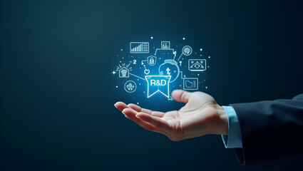 Flat Hand interacting with holographic research and development device with innovation technological advancement icons representing R&D and business solutions in empty space concept as Hand interacts 