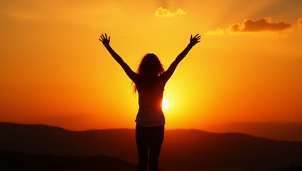 Fototapeta premium Elated Silhouette Woman at Sunset: Expressing Joy and Freedom with Arms Raised in a Scenic Backdrop - A Simple Flat Cute Vector Illustration for Business Inspiration
