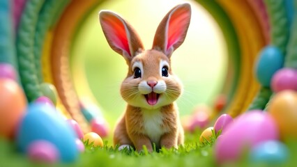 Bunny smiling through Easter Egg Tunnel. Easter concept