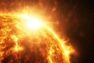 Obraz premium A close-up of the sun's surface, revealing intense solar activity and luminous flares against a dark space backdrop.