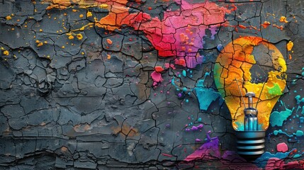 Colorful Light Bulb with Paint Splashes on Cracked Concrete Wall