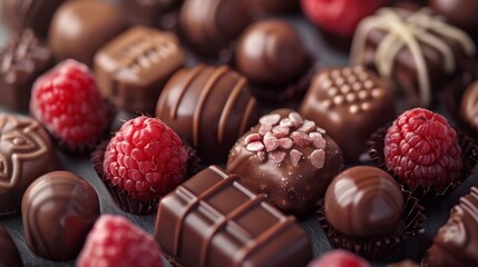 Exquisite assortment of handcrafted chocolates, featuring a delightful mix of rich, smooth textures and fresh raspberries, presented in a luxurious and tempting display.