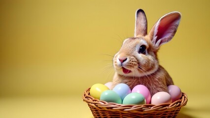 Bunny smiling with Easter Egg Tunnel. Easter concept