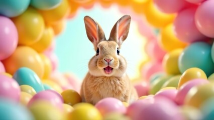 Bunny smiling through Easter Egg Tunnel. Easter concept
