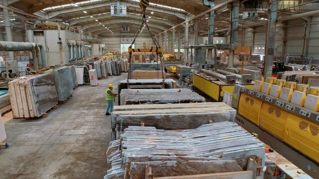 Overview of the production line in a marble processing factory. Large stone slabs are managed through an integrated system for processing, cutting, and transportation.
