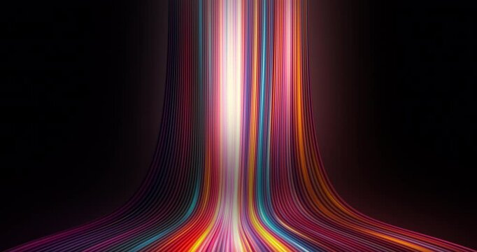 Abstract animation of vibrant multicolored lights and particles leaving visible trails moving fast down. Glowing neon lines seamless looping animation. Data streaming through speed lights fiber optics