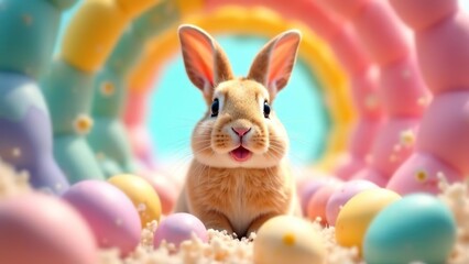 Bunny smiling through Easter Egg Tunnel. Easter concept