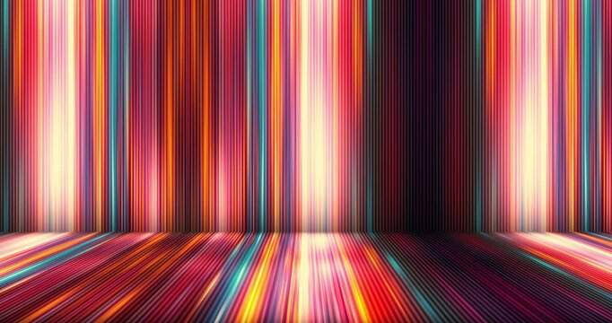 Abstract animation of vibrant multicolored lights and particles leaving visible trails moving fast down. Glowing neon lines seamless looping animation. Data streaming through speed lights fiber optics