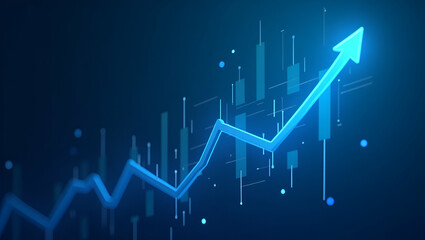 Fototapeta premium Abstract financial graph with uptrend line and arrows in stock market on blue color background symbolizing financial growth and market trends. concept as Abstract financial graph featuring uptrend lin