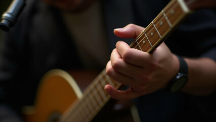 Fototapeta premium Close up of man hand playing guitar illustrating musical creativity and craftsmanship in performance context. concept as Close up of mans hand playing guitar illustrating musical creativity and crafts