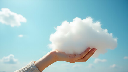 Empowering Imagination: A Flat Woman's Hand Holding a Cotton Wool Cloud Against a Blue Sky - Symbolizing Creativity and Limitless Potential in a Cute Vector Illustration