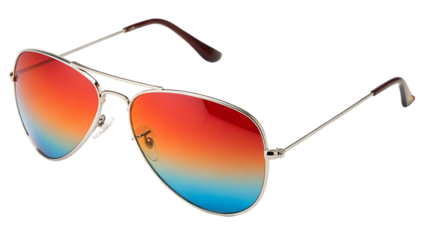 Stylish aviator sunglasses with gradient red orange blue lenses.
