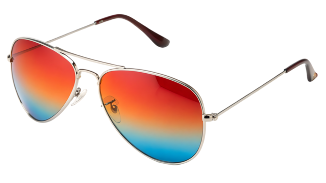 Stylish aviator sunglasses with gradient red orange blue lenses.