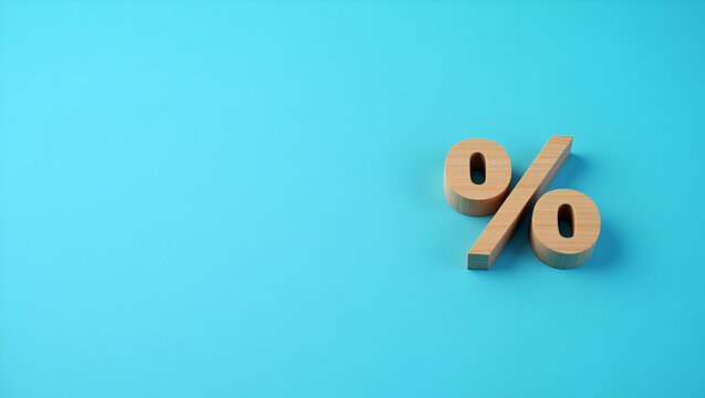 close up wood percentage sign blue background copy space concept as A wooden percentage sign rests on a blue background ideal for visuals related to finance discounts or statistical representation. in
