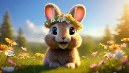 Cute 3D render of a fluffy bunny in a sunny meadow, wearing a delicate flower crown, perfect for spring themes, Easter designs, children’s books, and whimsical nature illustrations.
