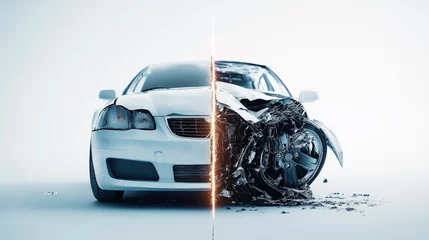 Car transforming from new to damaged after crashing, showing insurance concept