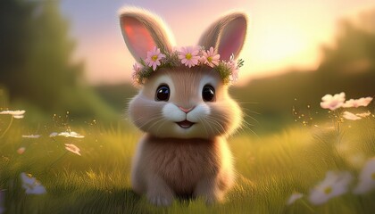 Cute 3D render of a fluffy bunny in a sunny meadow, wearing a delicate flower crown, perfect for spring themes, Easter designs, children’s books, and whimsical nature illustrations.
