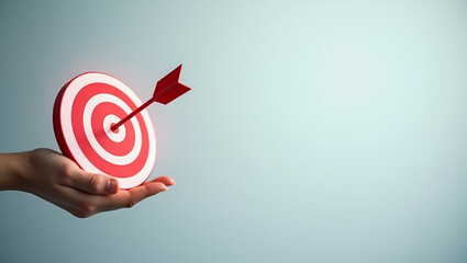 Hand Holding Holographic Target with Arrow in Bullseye: Business Target & Marketing Strategy Concept
